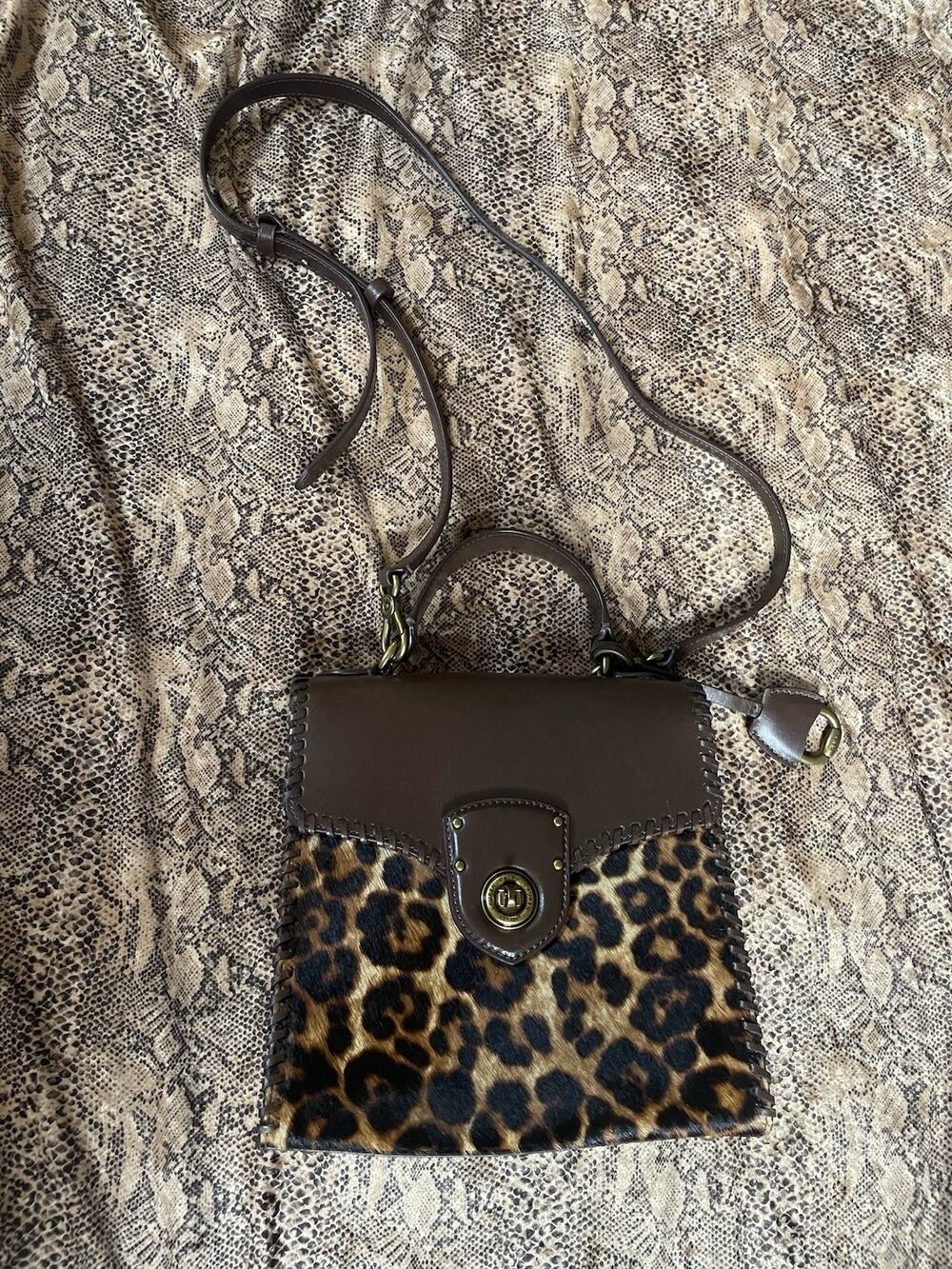 Lauren Ralph Lauren Brown Leather & Leopard Print Calf Hair Handbag Crossbody